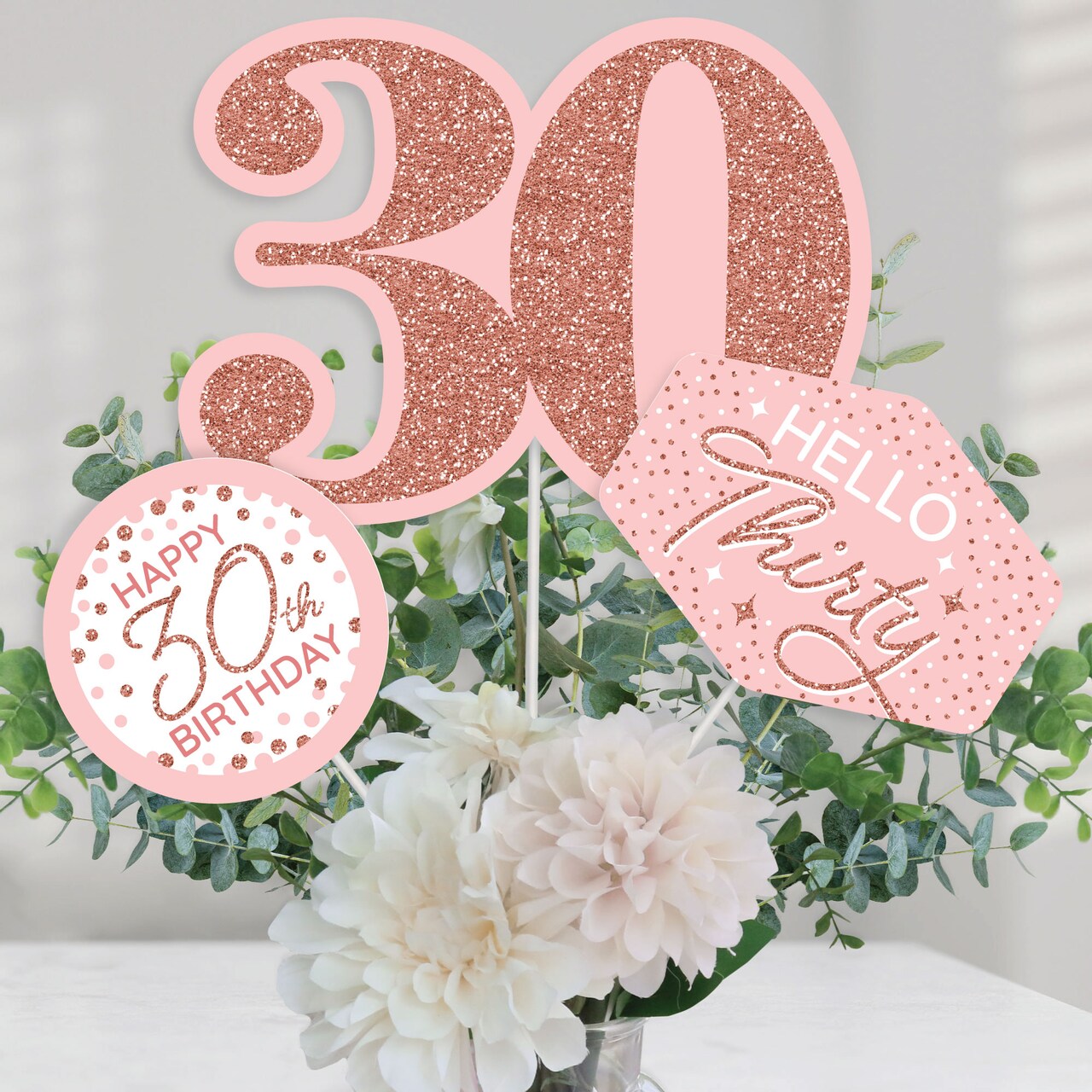 Big Dot of Happiness 30th Pink Rose Gold Birthday - Happy Birthday Party Centerpiece Sticks - Table Toppers - Set of 15